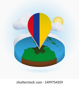 Isometric round map of Colombia and point marker with flag of Colombia. Cloud and sun on background. Isometric vector illustration.