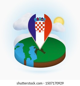 Isometric round map of Croatia and point marker with flag of Croatia. Cloud and sun on background. Isometric vector illustration.