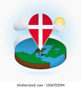 Isometric round map of Denmark and point marker with flag of Denmark. Cloud and sun on background. Isometric vector illustration.