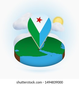 Isometric round map of Djibouti and point marker with flag of Djibouti. Cloud and sun on background. Isometric vector illustration.