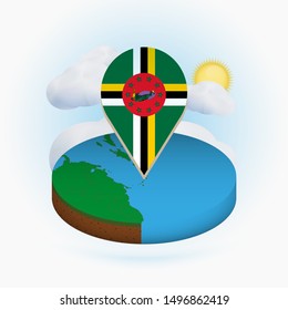Isometric round map of Dominica and point marker with flag of Dominica. Cloud and sun on background. Isometric vector illustration.