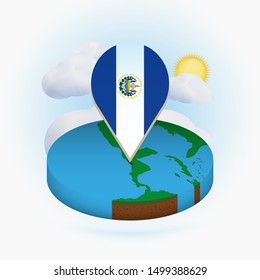 Isometric round map of El Salvador and point marker with flag of El Salvador. Cloud and sun on background. Isometric vector illustration.