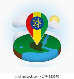Isometric round map of Ethiopia and point marker with flag of Ethiopia. Cloud and sun on background. Isometric vector illustration.