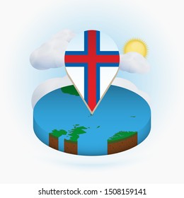Isometric round map of Faroe Islands and point marker with flag of Faroe Islands. Cloud and sun on background. Isometric vector illustration.