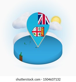 Isometric round map of Fiji and point marker with flag of Fiji. Cloud and sun on background. Isometric vector illustration.