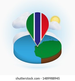 Isometric round map of Gambia and point marker with flag of Gambia. Cloud and sun on background. Isometric vector illustration.