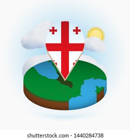 Isometric round map of Georgia and point marker with flag of Georgia. Cloud and sun on background. Isometric vector illustration.