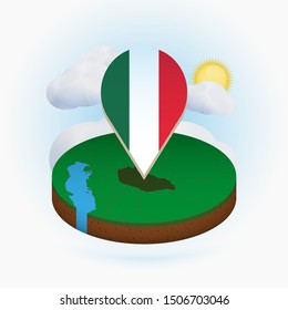 Isometric round map of Hungary and point marker with flag of Hungary. Cloud and sun on background. Isometric vector illustration.