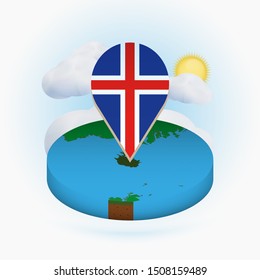 Isometric round map of Iceland and point marker with flag of Iceland. Cloud and sun on background. Isometric vector illustration.
