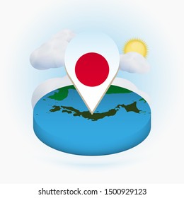 Isometric round map of Japan and point marker with flag of Japan. Cloud and sun on background. Isometric vector illustration.