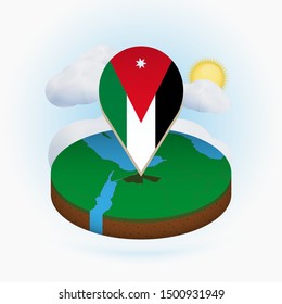 Isometric round map of Jordan and point marker with flag of Jordan. Cloud and sun on background. Isometric vector illustration.
