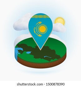 Isometric round map of Kazakhstan and point marker with flag of Kazakhstan. Cloud and sun on background. Isometric vector illustration.