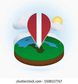 Isometric round map of Latvia and point marker with flag of Latvia. Cloud and sun on background. Isometric vector illustration.