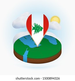 Isometric round map of Lebanon and point marker with flag of Lebanon. Cloud and sun on background. Isometric vector illustration.