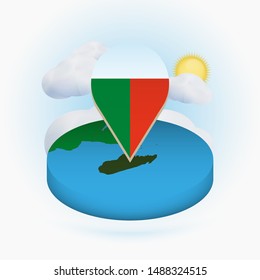 Isometric round map of Madagascar and point marker with flag of Madagascar. Cloud and sun on background. Isometric vector illustration.