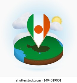 Isometric round map of Niger and point marker with flag of Niger. Cloud and sun on background. Isometric vector illustration.