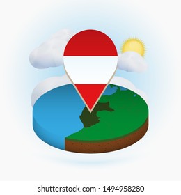 Isometric round map of Peru and point marker with flag of Peru. Cloud and sun on background. Isometric vector illustration.