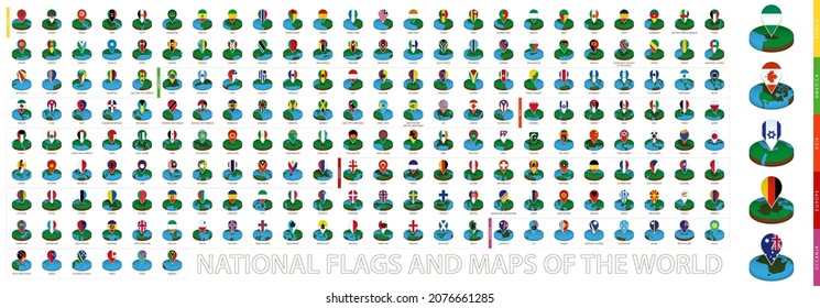 Isometric round map and point marker with flag, collection of maps sorted by continent. Isometric vector illustration.