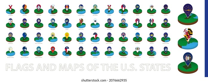 Isometric Round Map And Point Marker With Flag, Collection Of U.S. State Maps, Sorted Alphabetically. Isometric Vector Illustration.