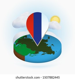 Isometric round map of Russia and point marker with flag of Russia. Cloud and sun on background. Isometric vector illustration.