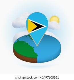 Isometric round map of Saint Lucia and point marker with flag of Saint Lucia. Cloud and sun on background. Isometric vector illustration.