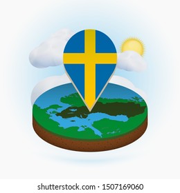 Isometric round map of Sweden and point marker with flag of Sweden. Cloud and sun on background. Isometric vector illustration.
