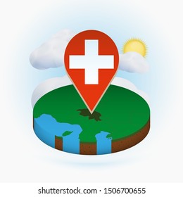 Isometric round map of Switzerland and point marker with flag of Switzerland. Cloud and sun on background. Isometric vector illustration.