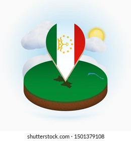 Isometric round map of Tajikistan and point marker with flag of Tajikistan. Cloud and sun on background. Isometric vector illustration.