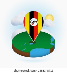 Isometric round map of Uganda and point marker with flag of Uganda. Cloud and sun on background. Isometric vector illustration.