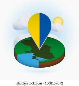 Isometric round map of Ukraine and point marker with flag of Ukraine. Cloud and sun on background. Isometric vector illustration.