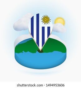 Isometric round map of Uruguay and point marker with flag of Uruguay. Cloud and sun on background. Isometric vector illustration.