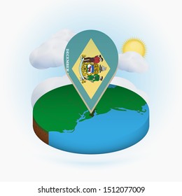 Isometric round map of US state Delaware and point marker with flag of Delaware. Cloud and sun on background. Isometric vector illustration.