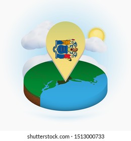 Isometric round map of US state New Jersey and point marker with flag of New Jersey. Cloud and sun on background. Isometric vector illustration.