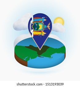 Isometric round map of US state New York and point marker with flag of New York. Cloud and sun on background. Isometric vector illustration.