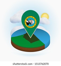 Isometric round map of US state Washington and point marker with flag of Washington. Cloud and sun on background. Isometric vector illustration.