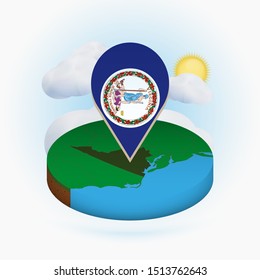 Isometric round map of US state Virginia and point marker with flag of Virginia. Cloud and sun on background. Isometric vector illustration.