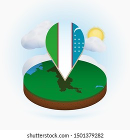 Isometric round map of Uzbekistan and point marker with flag of Uzbekistan. Cloud and sun on background. Isometric vector illustration.