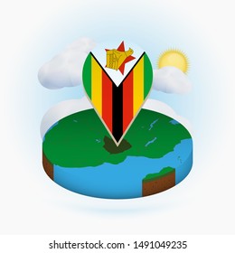 Isometric round map of Zimbabwe and point marker with flag of Zimbabwe. Cloud and sun on background. Isometric vector illustration.