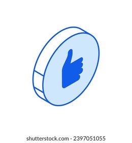 Isometric round shape icon in outline. Thumbs up in round shape symbol. Social media marketing icon.