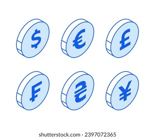 Isometric round shape icons in outline. Modern flat vector Illustration. Dollar, Euro, Great Britain pound, Frank,Ukrainian Hryvnia, Japanese Yen currencies symbol. Social media marketing icon.