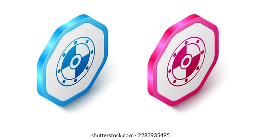 Icono de la pantalla redonda isométrica aislado en fondo blanco. Seguridad, seguridad, protección, privacidad, concepto de guardia. Botón hexagonal. Vector