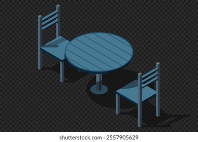 Isometric round table with chairs. Wooden round table. Isometric furniture. Vector illustration