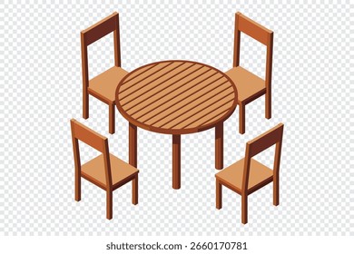 Isometric round table and four chairs. Wooden round table and chairs. Isometric dining room furniture. Isometric furniture