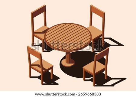 Isometric round table and four chairs. Wooden round table and chairs. Isometric dining room furniture. Isometric furniture