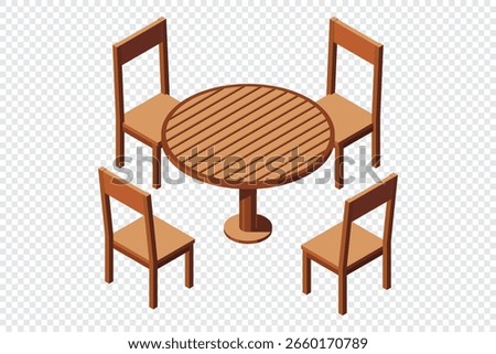 Isometric round table and four chairs. Wooden round table and chairs. Isometric dining room furniture. Isometric furniture