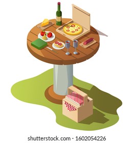 Isometric Round Wooden Table For Picnic With Food, Pizza Box And Basket On Grass. Vector Illustration Of Fresh Meal, Fruits, Wine Bottle With Glasses For Dinner Or Lunch Outdoor