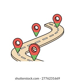 Isometric route concept with map location markers on a winding road path, location
