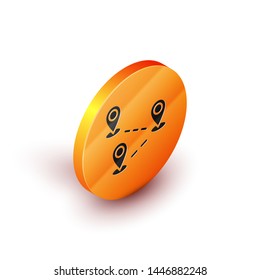 Isometric Route location icon isolated on white background. Map pointer sign. Concept of path or road. GPS navigator. Orange circle button. Vector Illustration