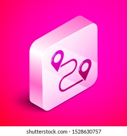 Isometric Route location icon isolated on pink background. Map pointer sign. Concept of path or road. GPS navigator. Silver square button. Vector Illustration