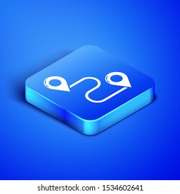 Isometric Route location icon isolated on blue background. Map pointer sign. Concept of path or road. GPS navigator. Blue square button. Vector Illustration